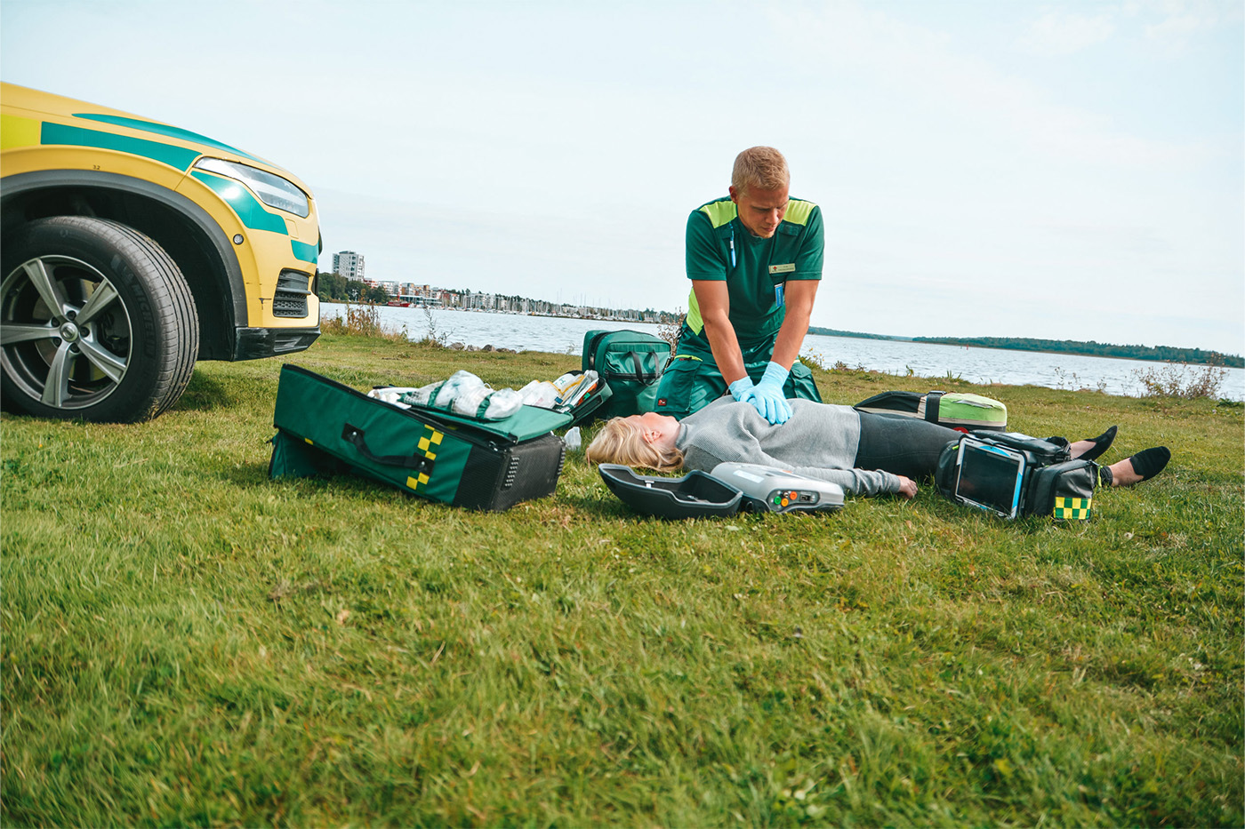 Ambulance personnel performed heart pulmonary resuscitation on a person who collapsed